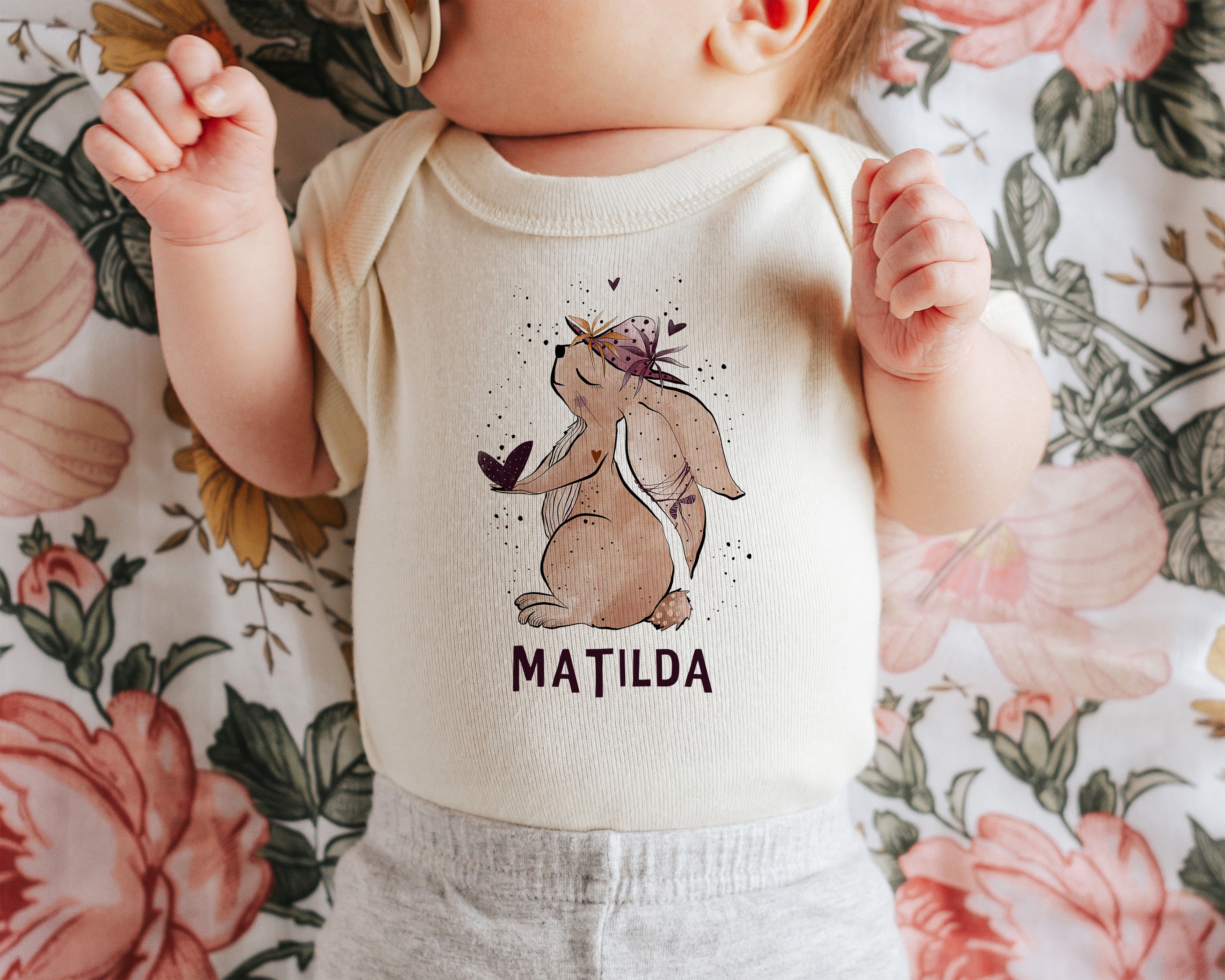 Personalized Baby Bodysuit with Hand-Drawn Bunny Design