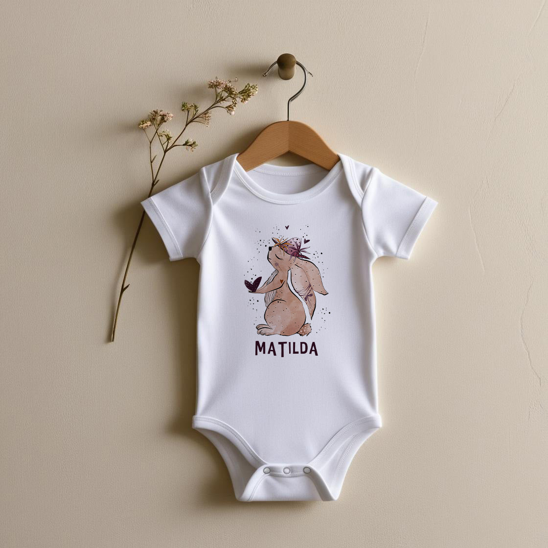 Personalized Baby Bodysuit with Hand-Drawn Bunny Design