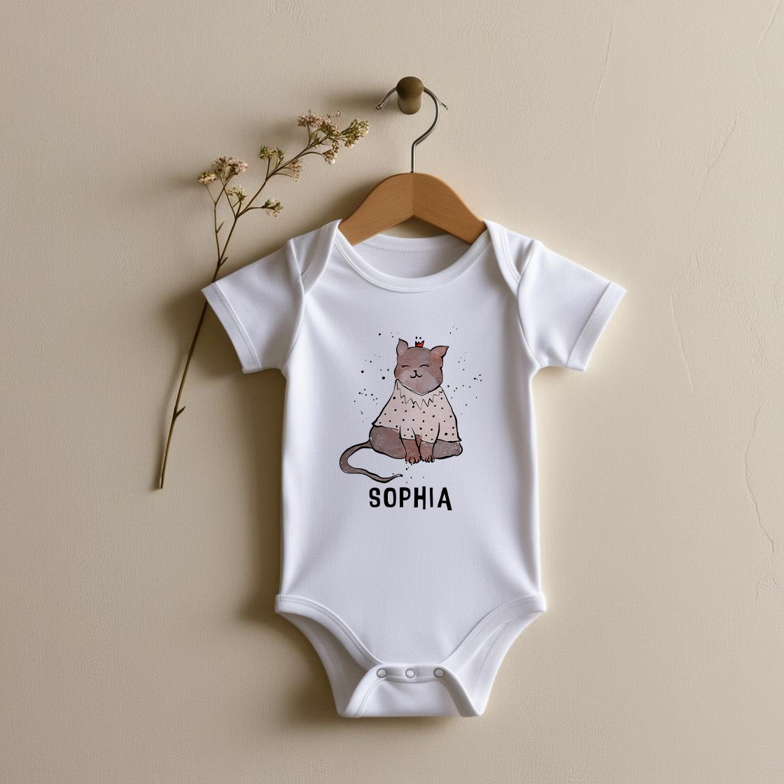 Personalized Baby Bodysuit with Hand-Drawn Cat Design