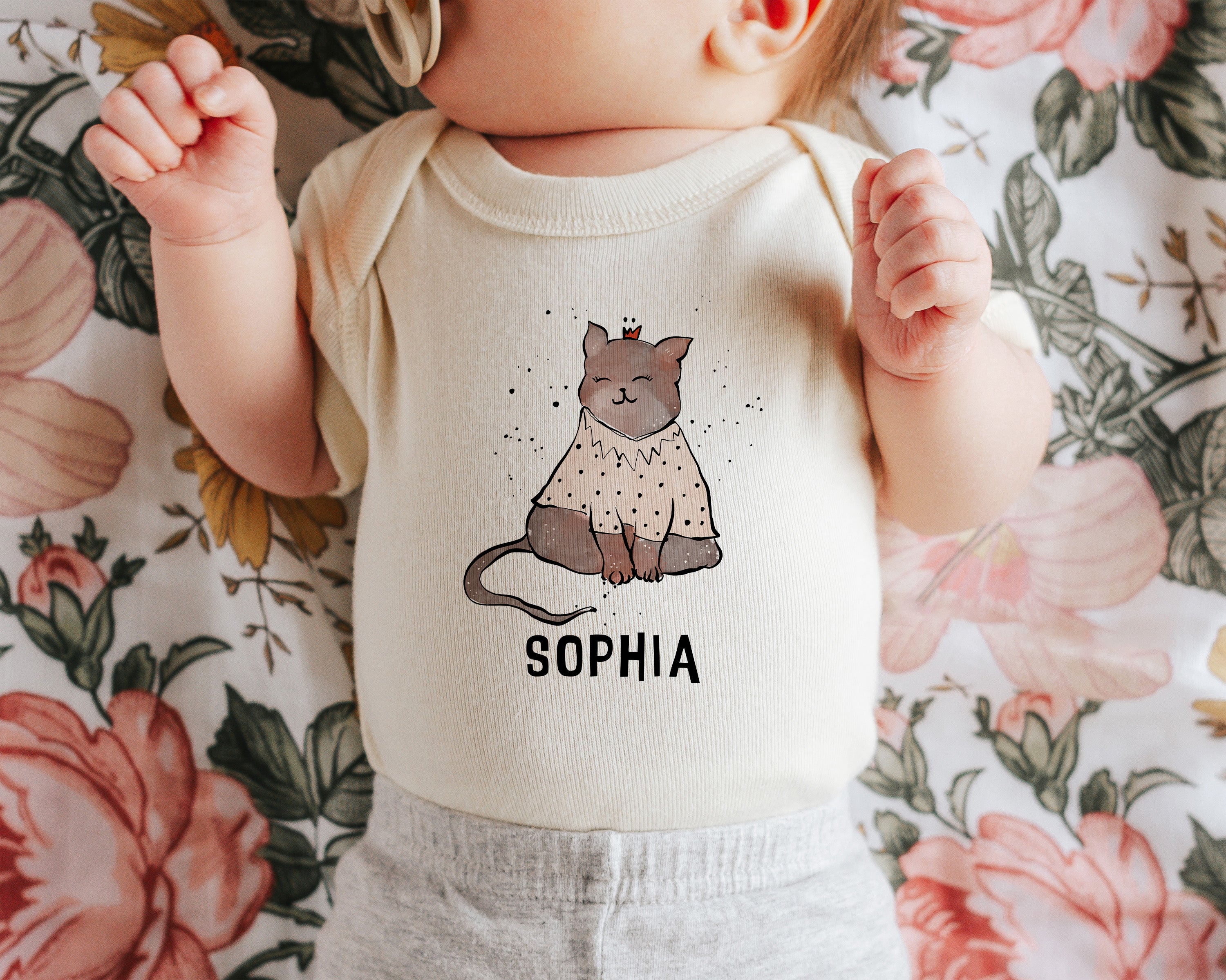 Personalized Baby Bodysuit with Hand-Drawn Cat Design