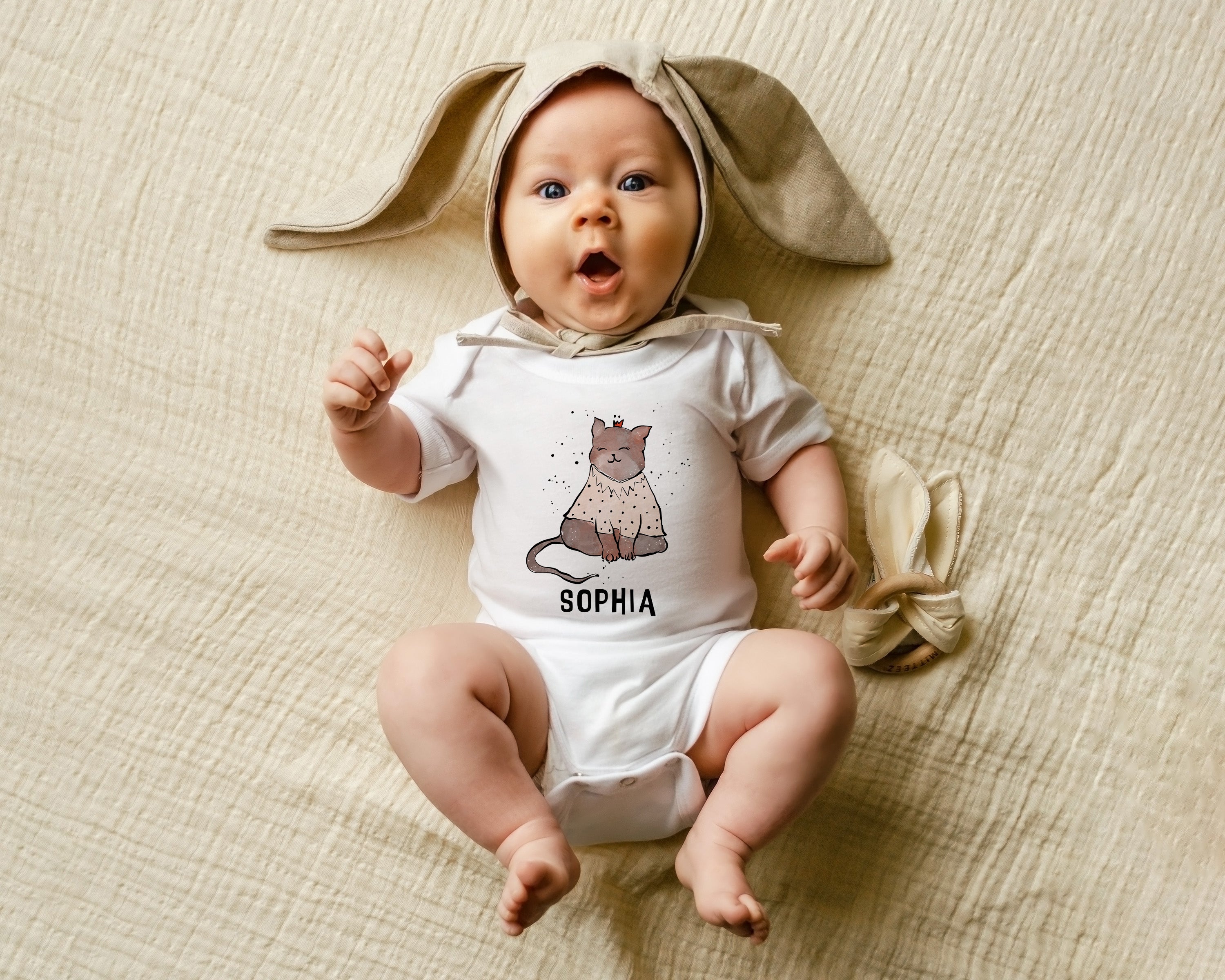 Personalized Baby Bodysuit with Hand-Drawn Cat Design