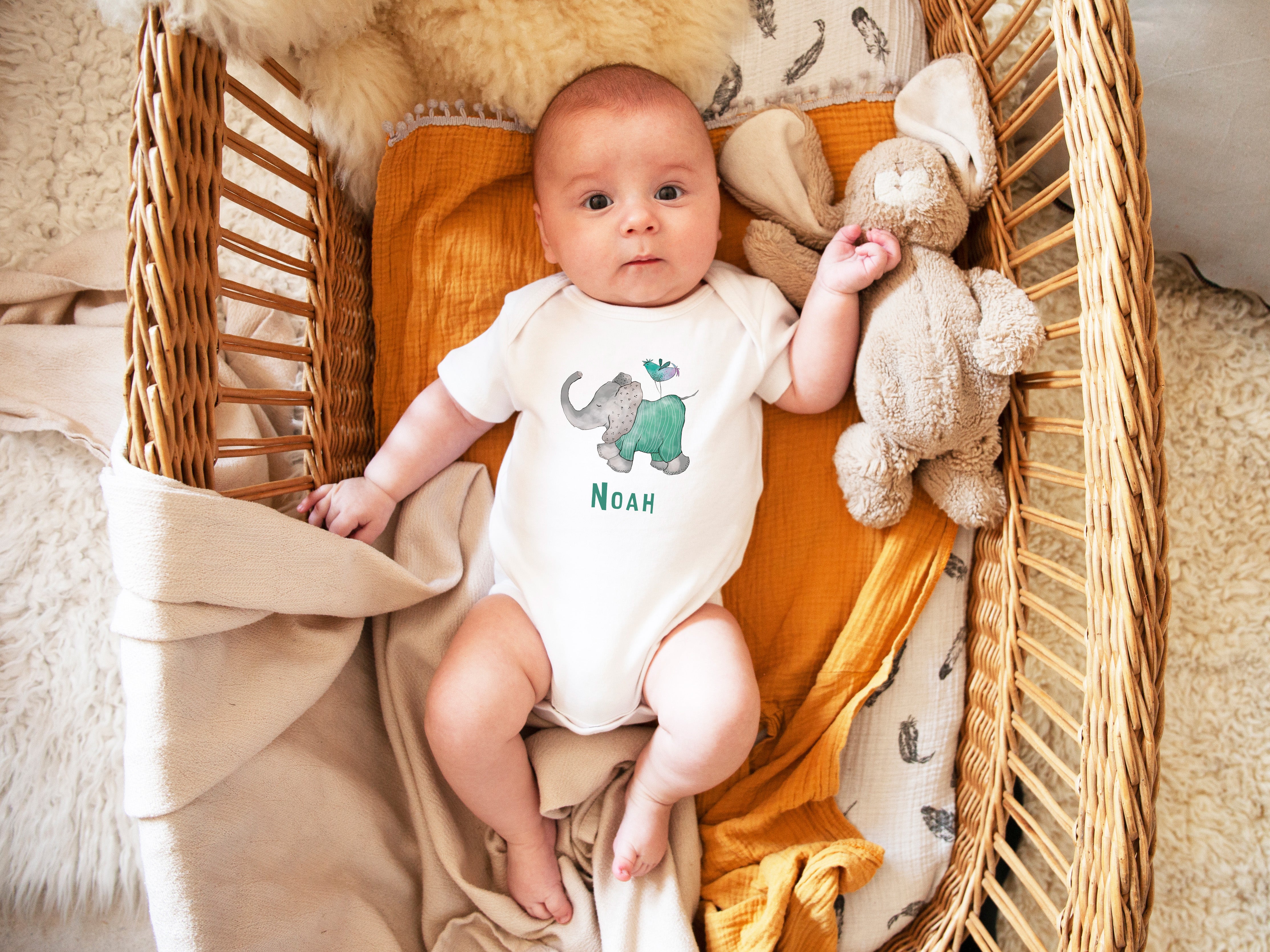 Personalized Baby Bodysuit with Hand-Drawn Elephant Design