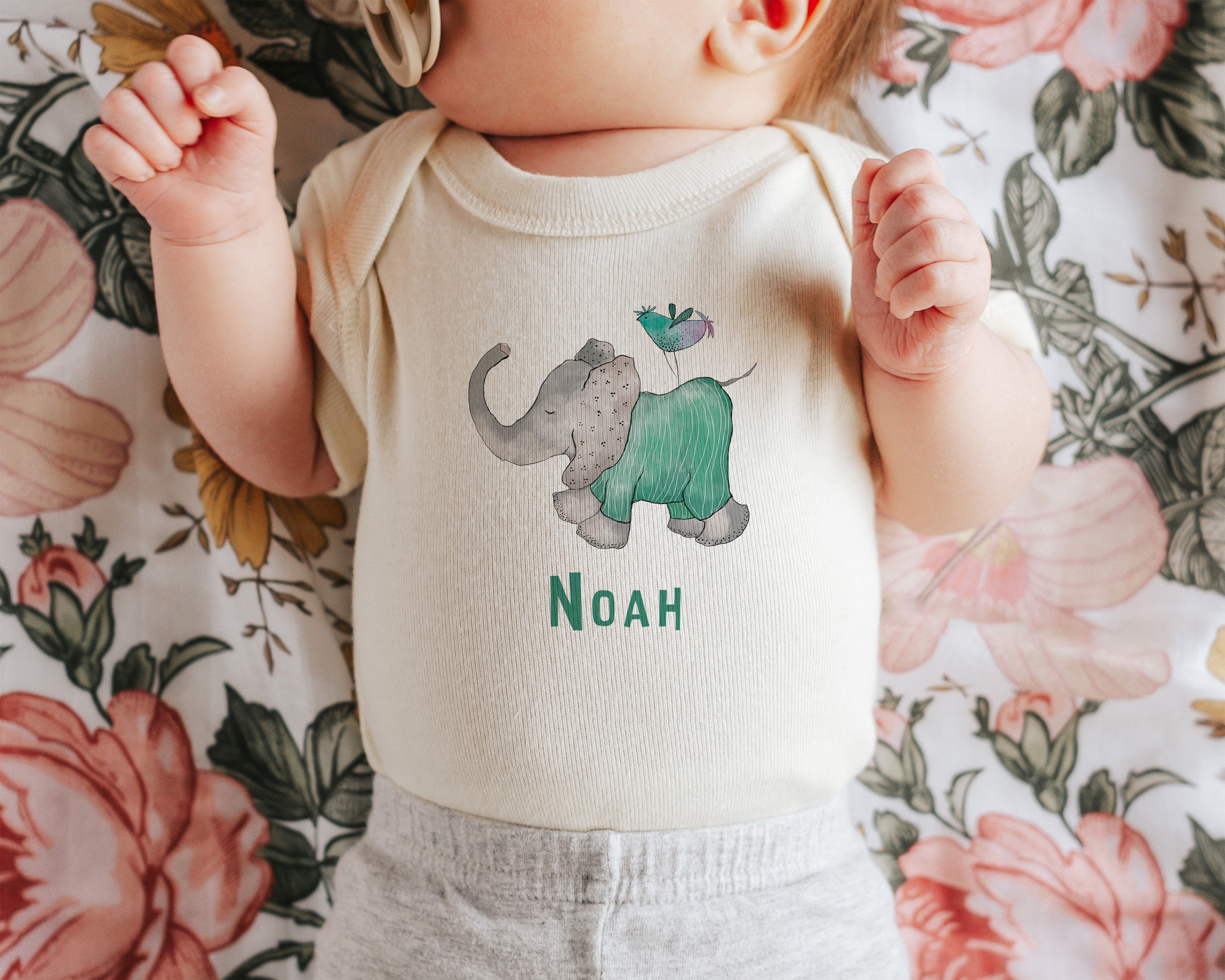 Personalized Baby Bodysuit with Hand-Drawn Elephant Design