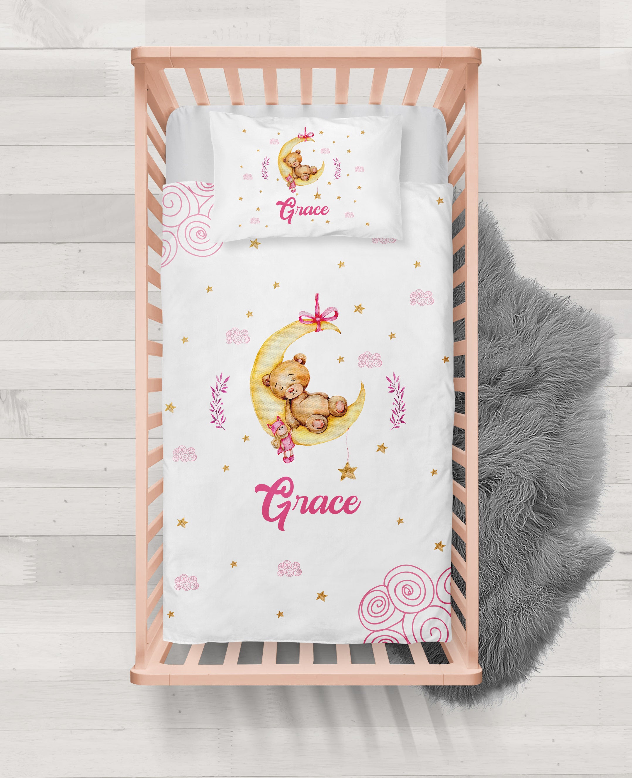 Pink Teddy and Moon Personalized Duvet Cover