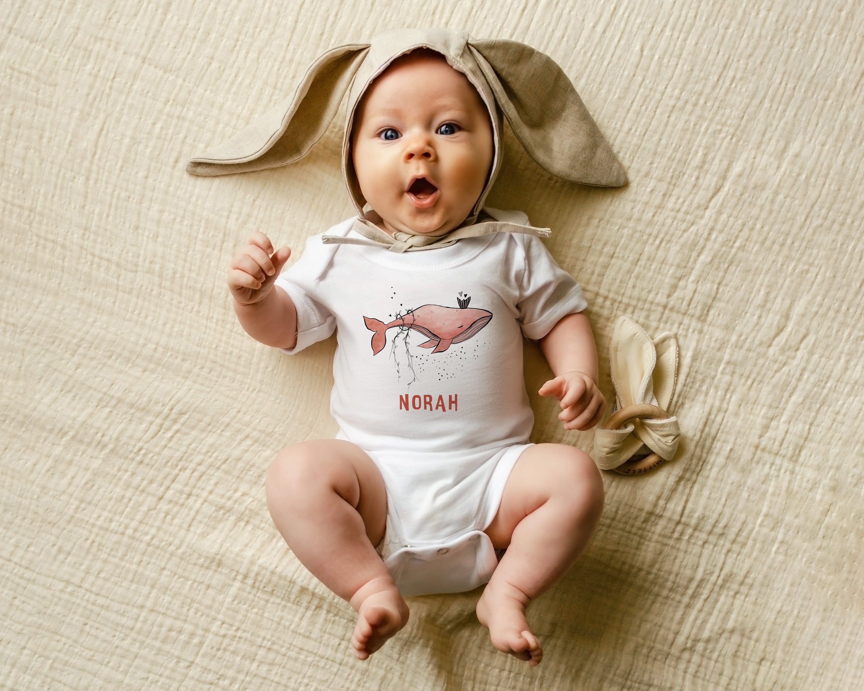 Personalized Baby Bodysuit with Hand-Drawn Pinky Whale Design