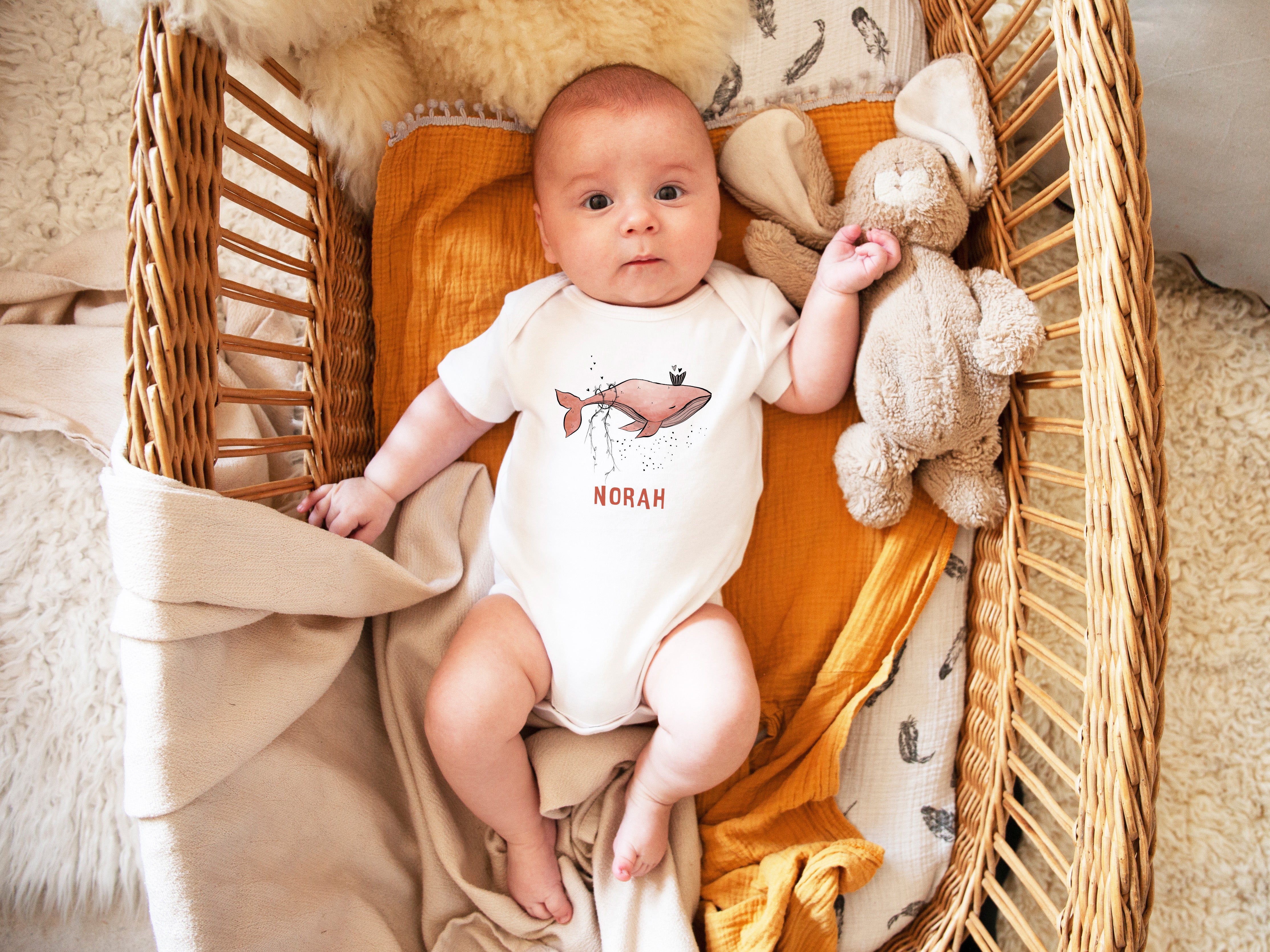 Personalized Baby Bodysuit with Hand-Drawn Pinky Whale Design