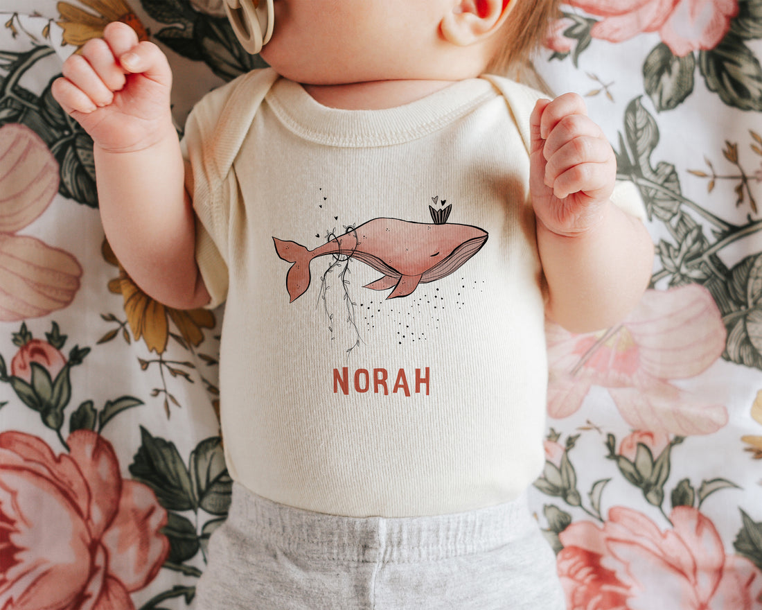 Personalized Baby Bodysuit with Hand-Drawn Pinky Whale Design