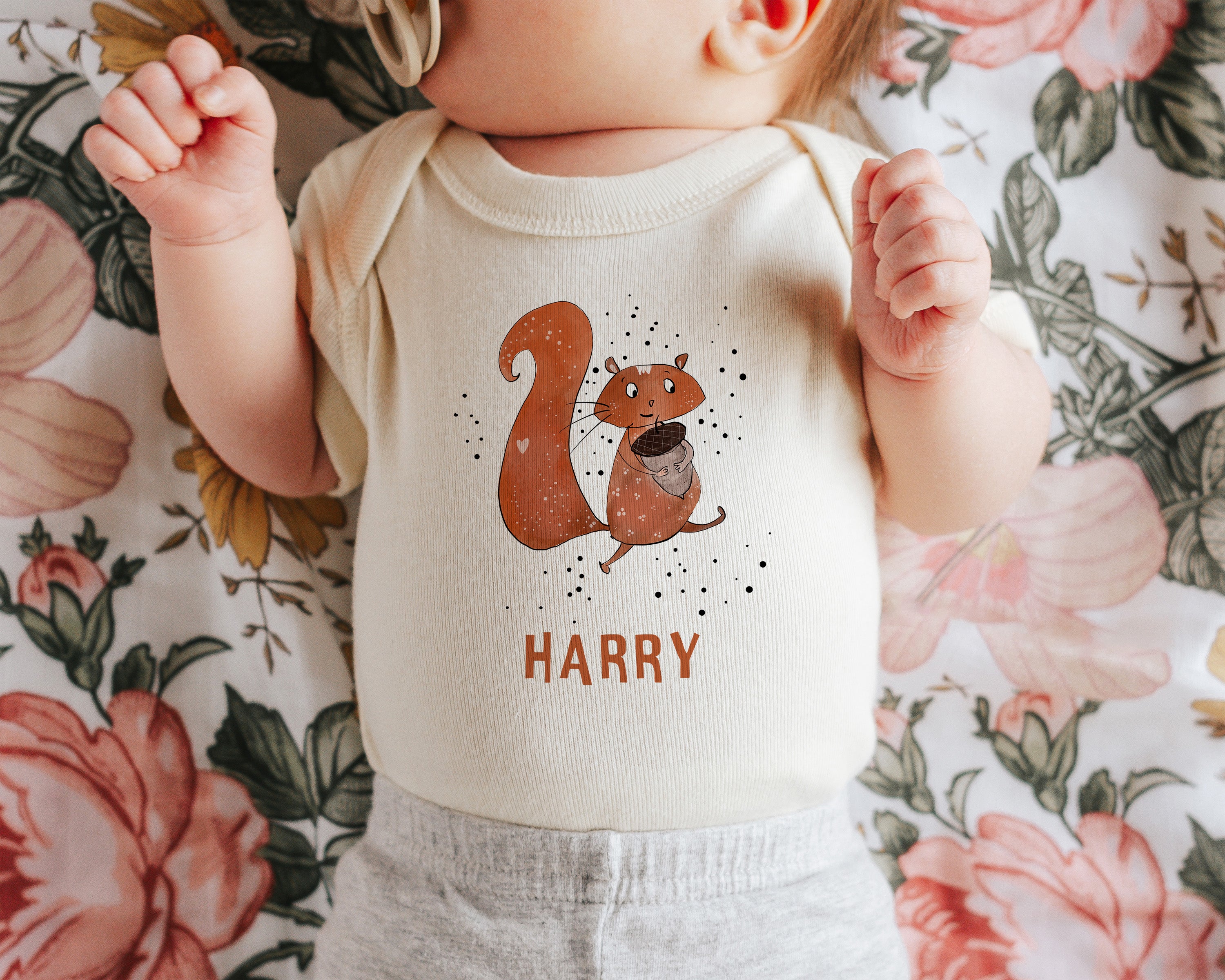 Personalized Baby Bodysuit with Hand-Drawn Squirrel Design