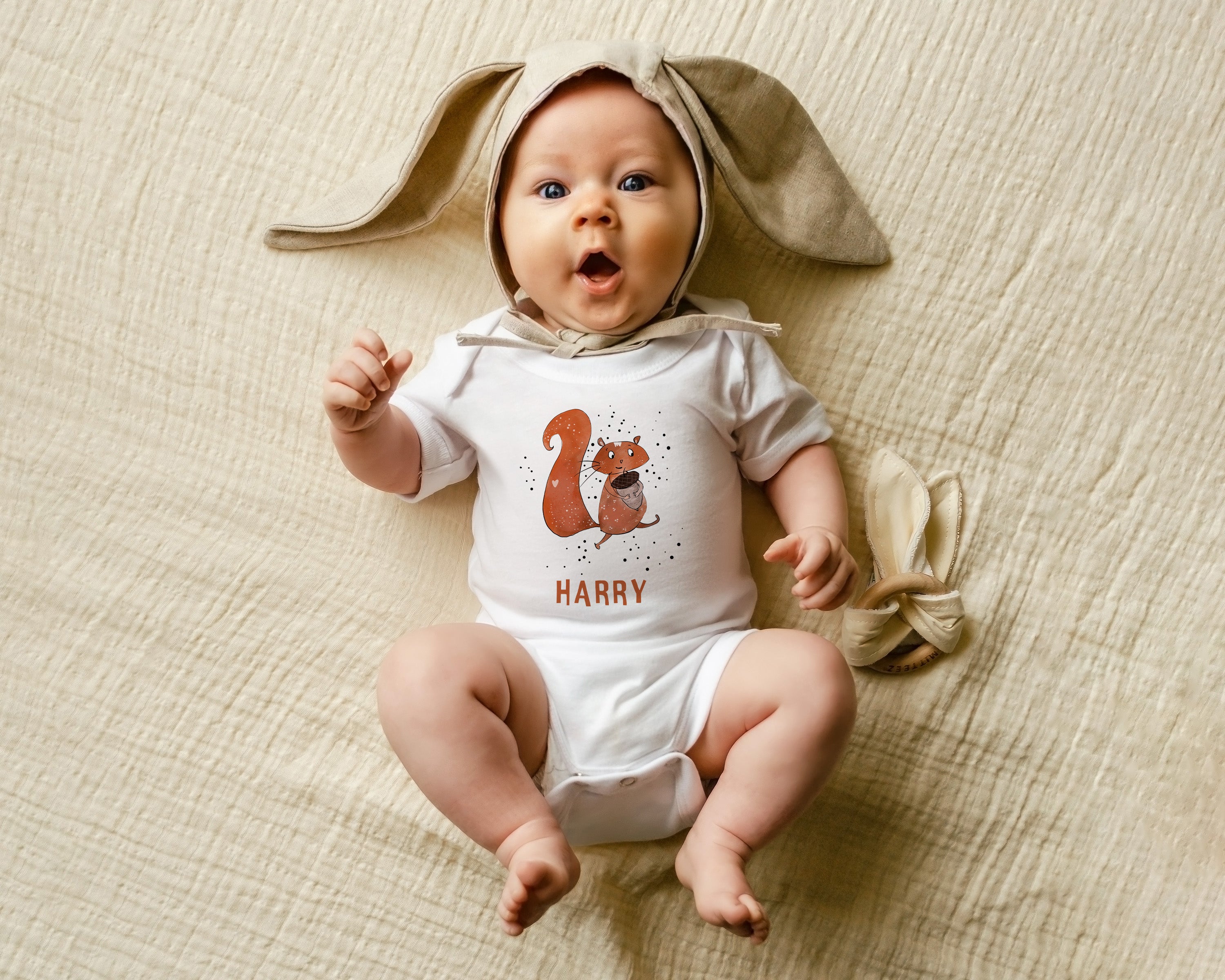 Personalized Baby Bodysuit with Hand-Drawn Squirrel Design