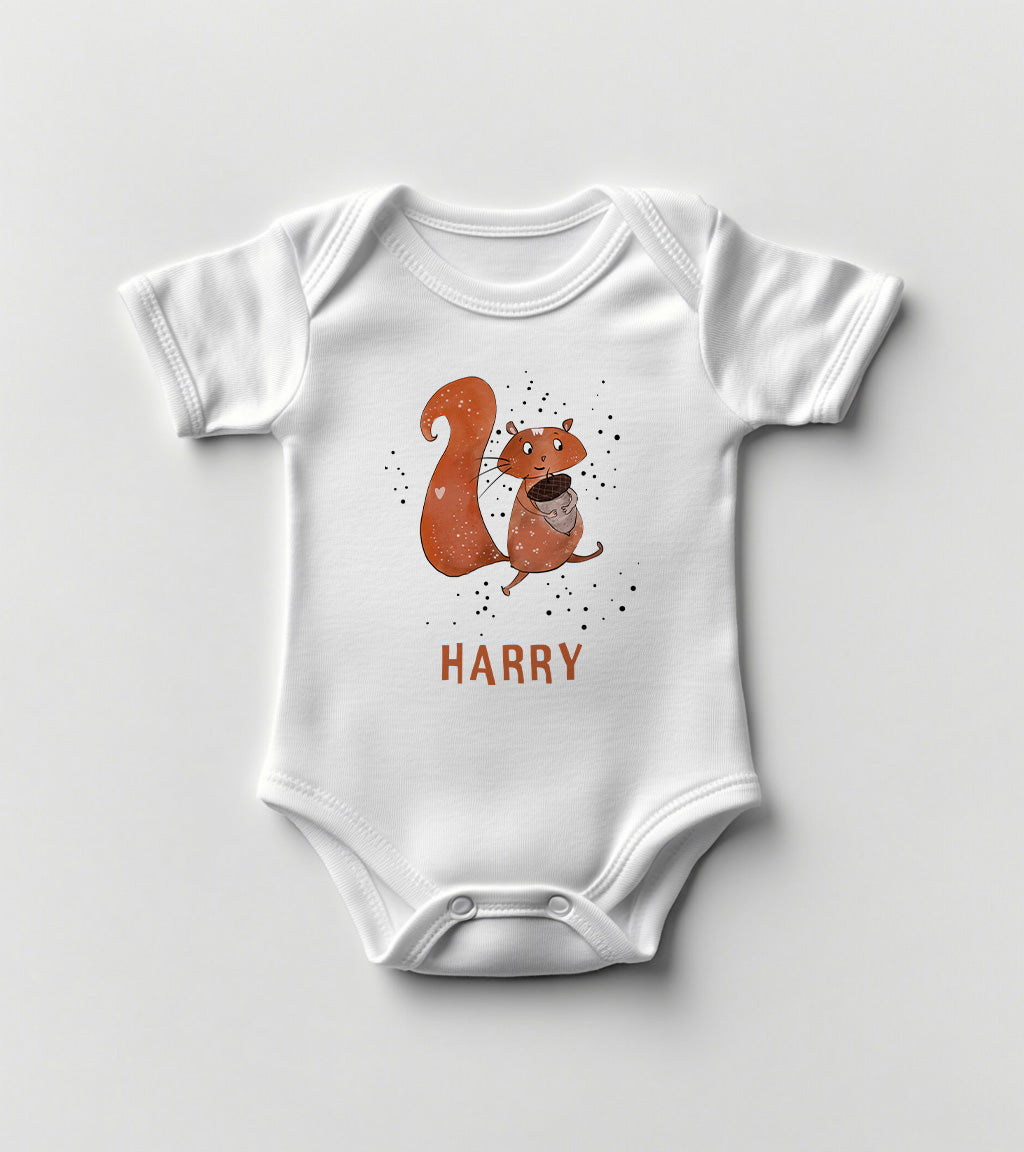 Personalized Baby Bodysuit with Hand-Drawn Squirrel Design