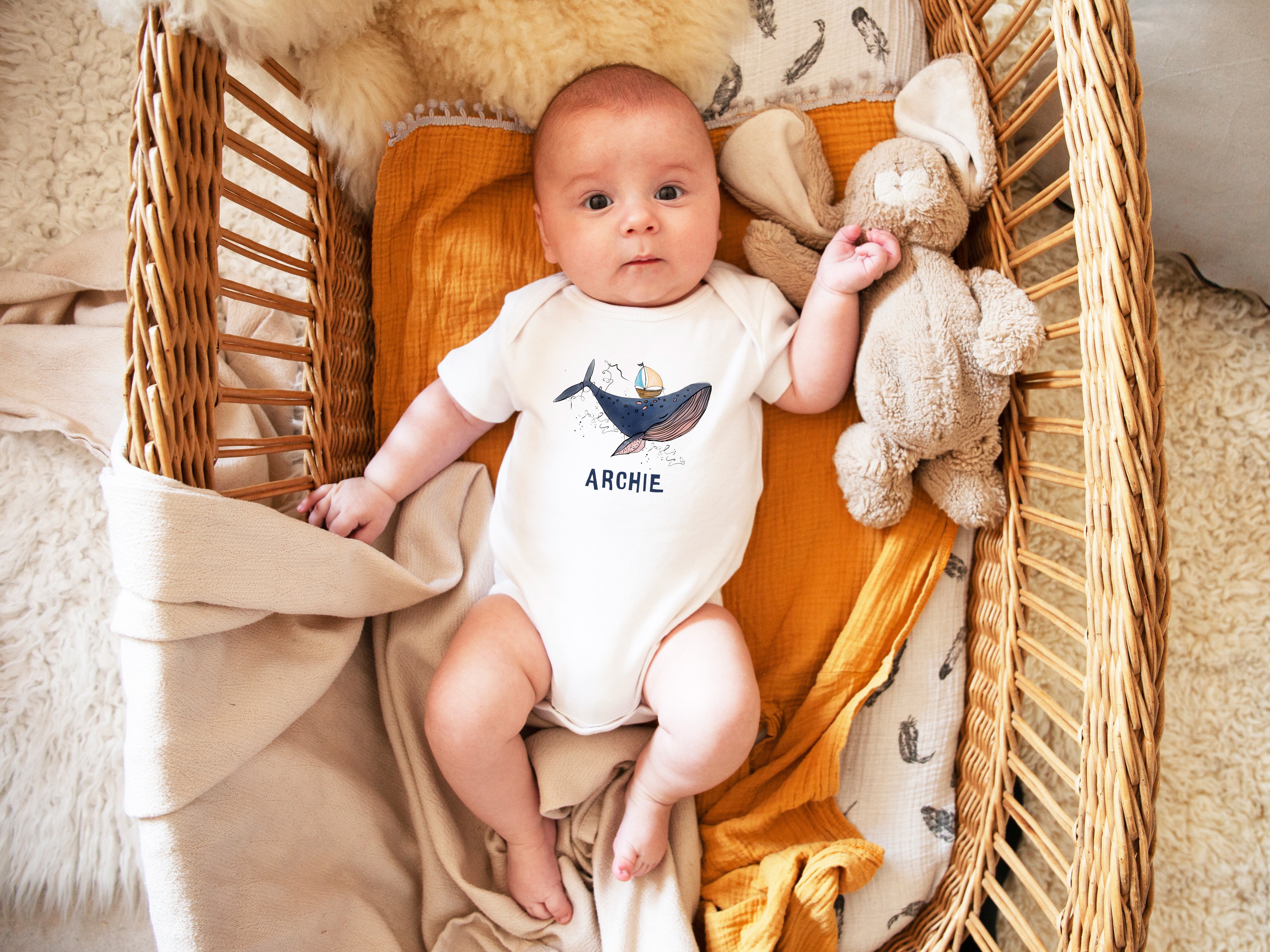 Personalized Baby Bodysuit with Hand-Drawn Whale Design