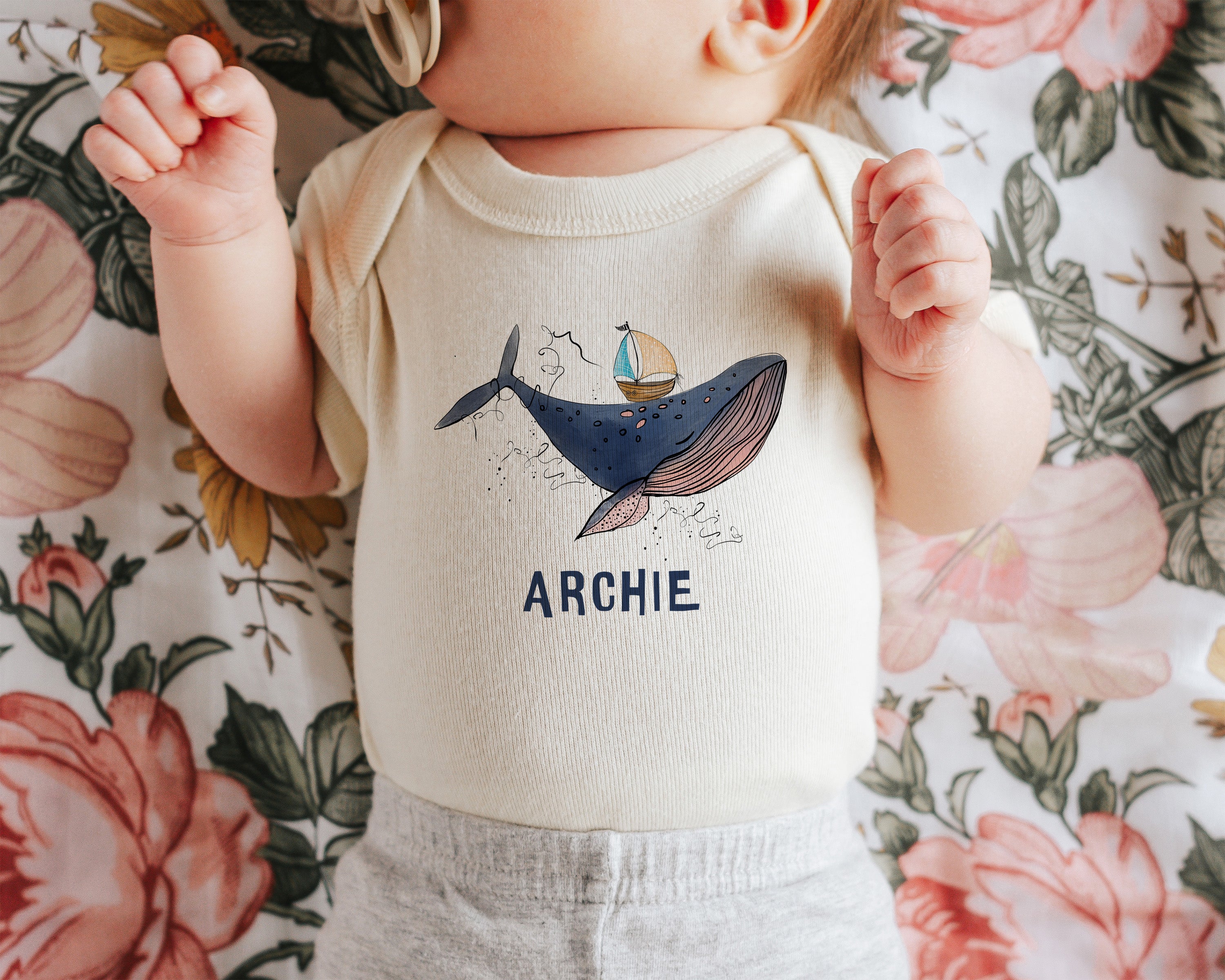 Personalized Baby Bodysuit with Hand-Drawn Whale Design