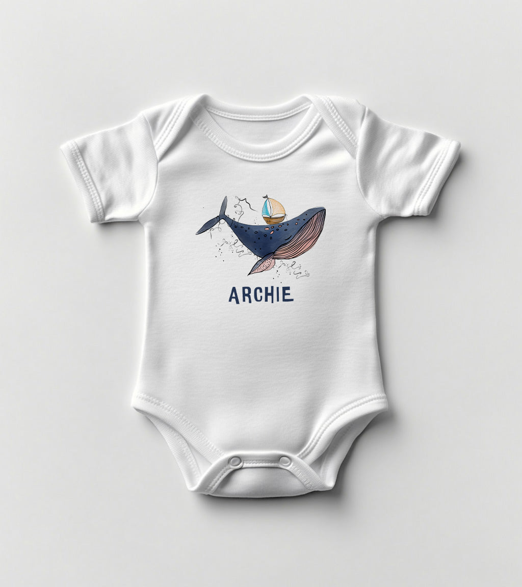 Personalized Baby Bodysuit with Hand-Drawn Whale Design
