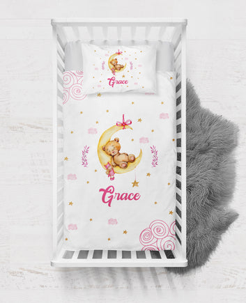 Pink Teddy and Moon Personalized Duvet Cover