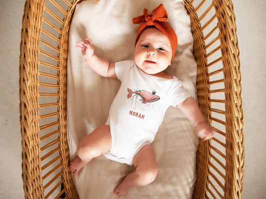 Personalized Baby Bodysuit with Hand-Drawn Pinky Whale Design