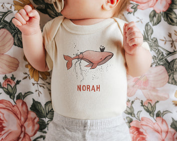 Personalized Baby Bodysuit with Hand-Drawn Pinky Whale Design