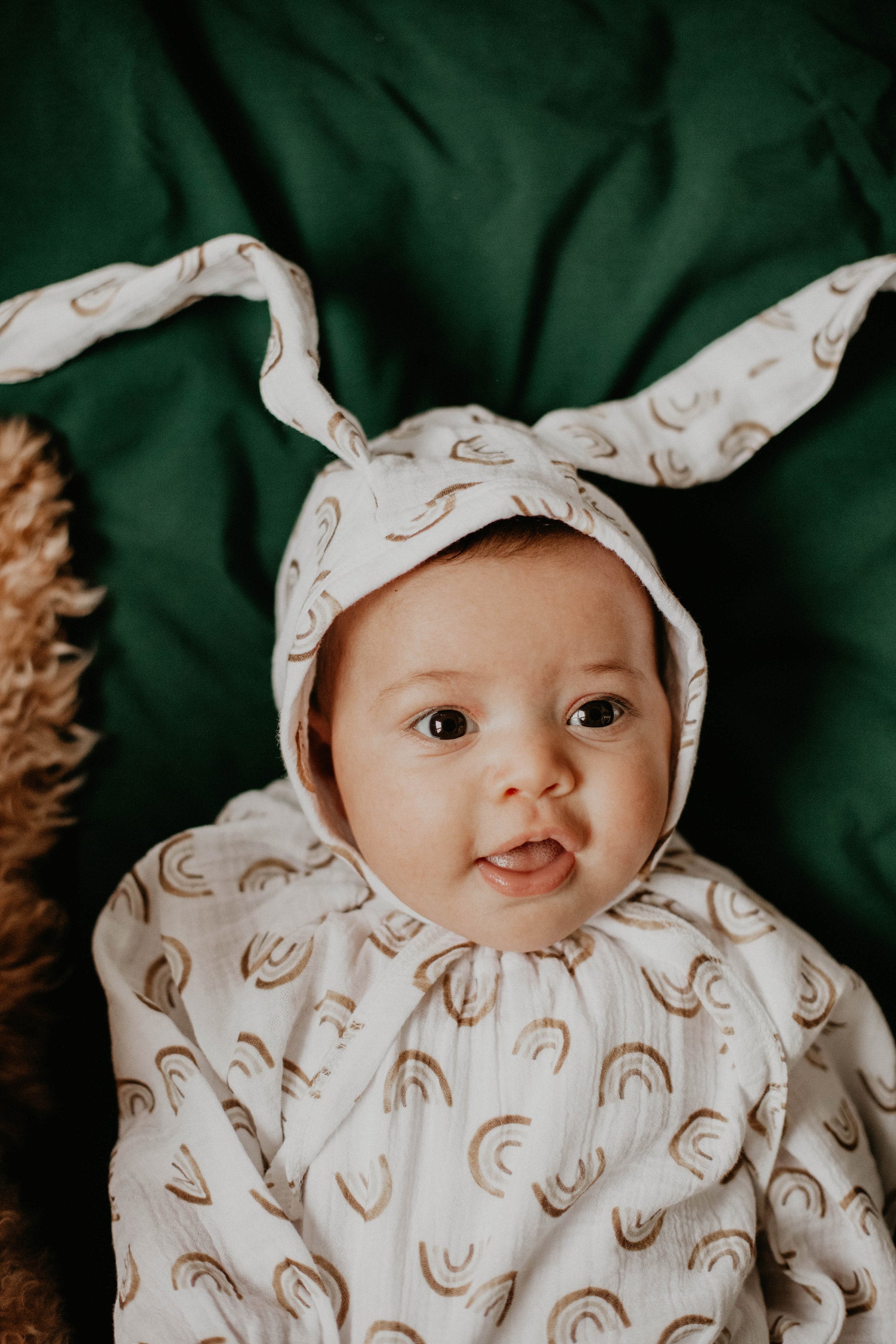 Rainbow Muslin Romper & Bunny Bonnet