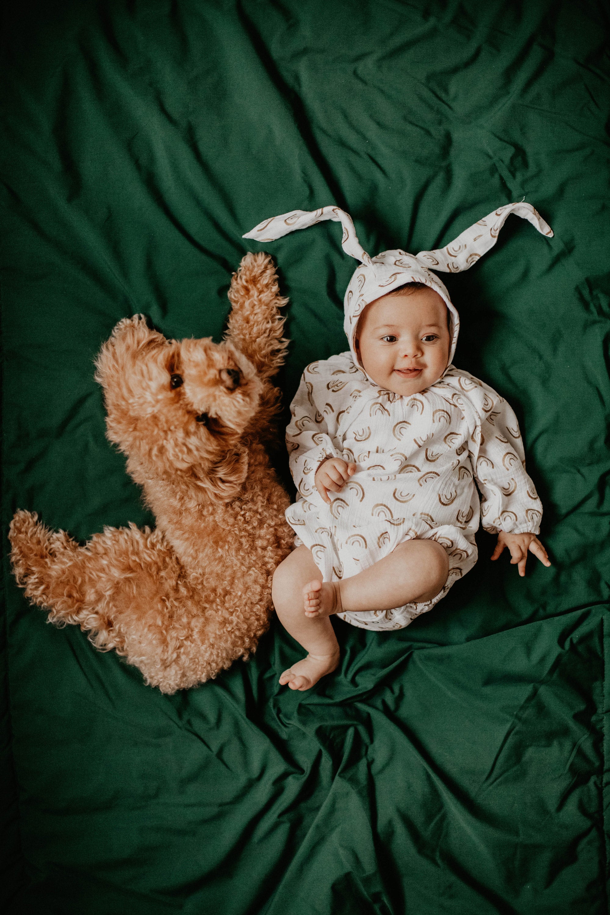 Rainbow Muslin Romper & Bunny Bonnet