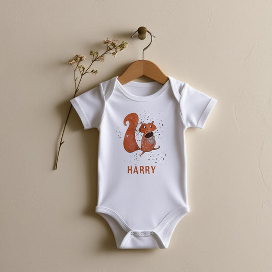 Personalized Baby Bodysuit with Hand-Drawn Squirrel Design