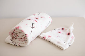 Cherry Blossom Baby Blanket and Hat