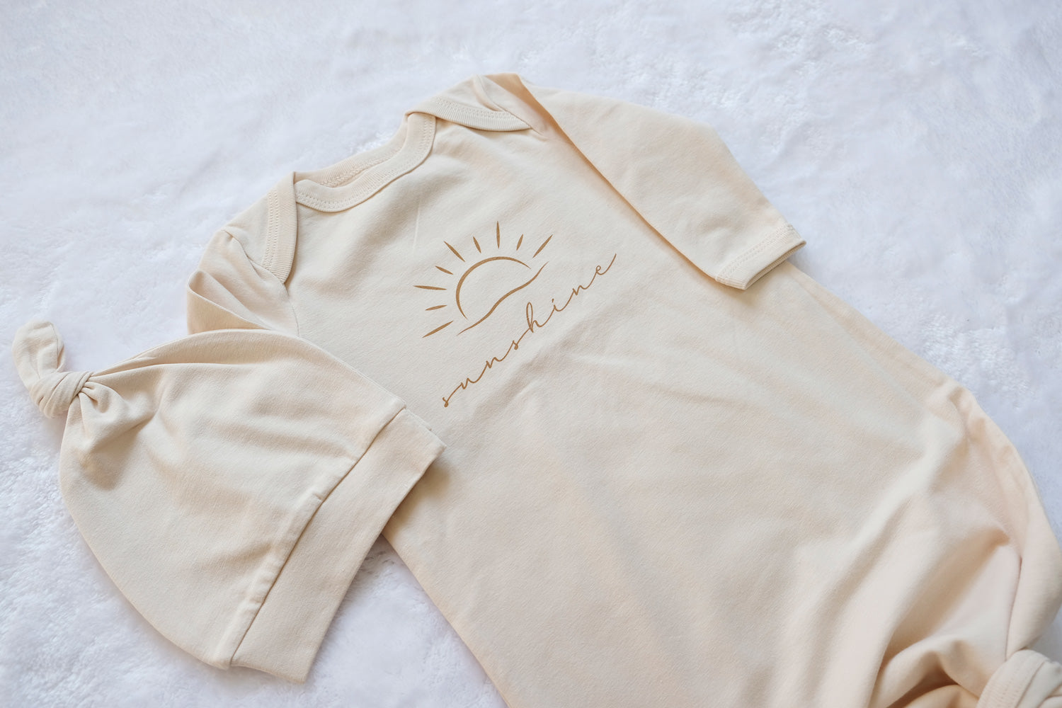 Beige "Sunshine" Knotted Gown and Sleepwear for Baby Boy and Baby Girl with Hat - Blzandco