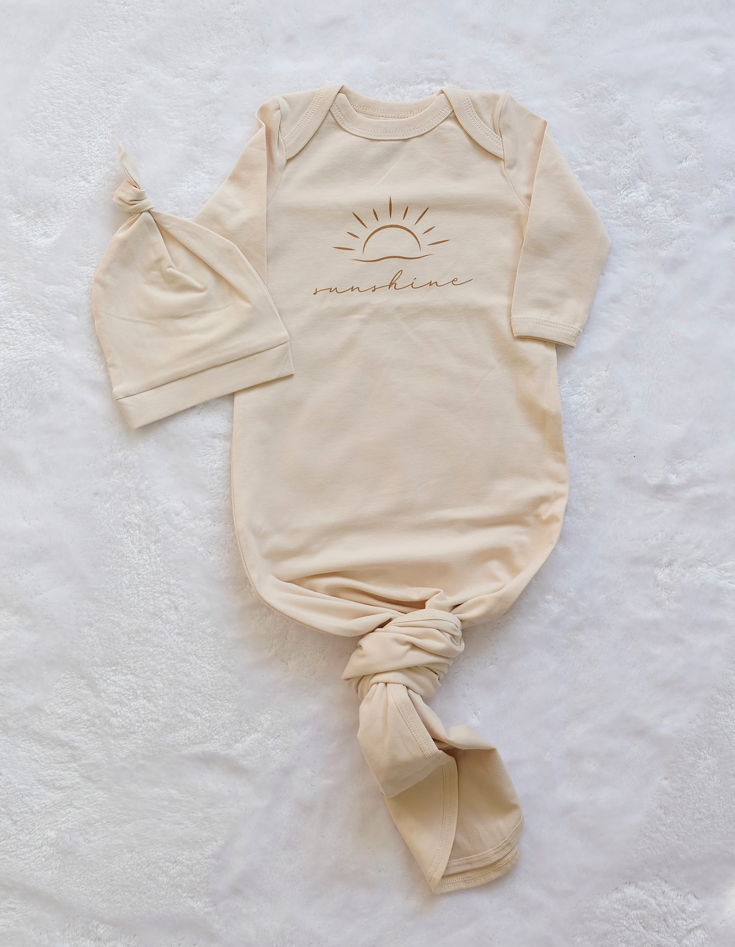 Beige "Sunshine" Knotted Gown and Sleepwear for Baby Boy and Baby Girl with Hat - Blzandco