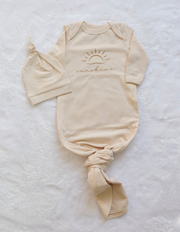 Beige "Sunshine" Knotted Gown and Sleepwear for Baby Boy and Baby Girl with Hat - Blzandco